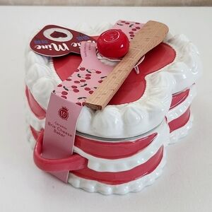 Valentine Heart Shaped Cake Brie Baker Dish, Pink Piped Vintage Cake with Cherry